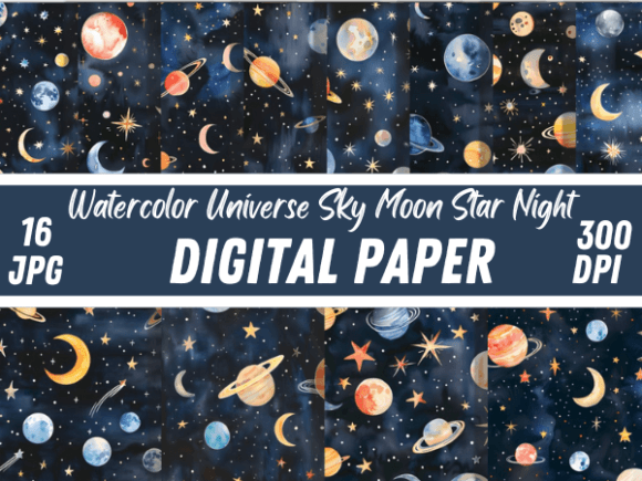 Download Watercolor Space Sky Moon Stars Pattern - Star Collection