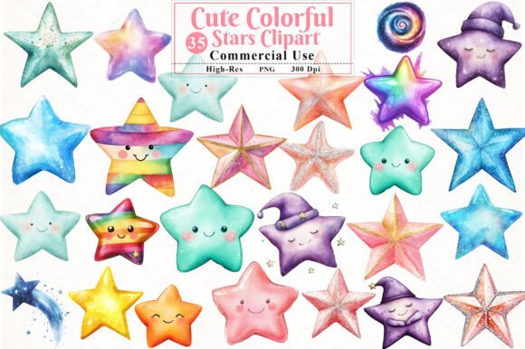 Download Cute Colorful Watercolor Stars Clipart - Star Collection